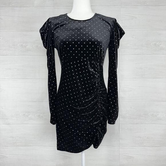 Betsey Johnson Black Velvet Dress M Power Sleeve Metallic Silver Dot Whimsigoth - Picture 2 of 16